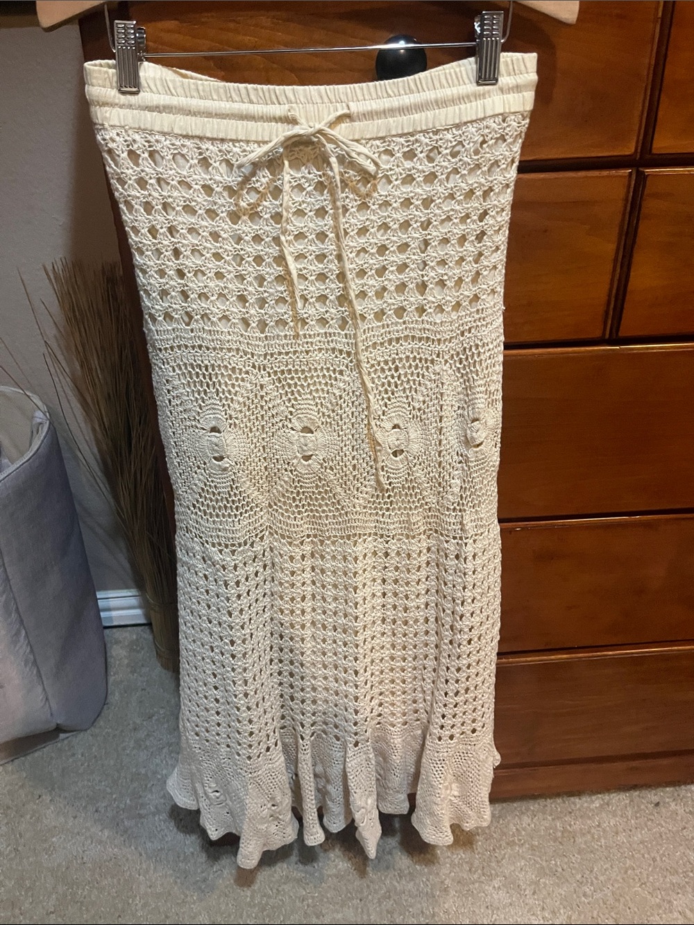 Boston Proper Cream Crochet Knit Maxi Skirt with Drawstring
